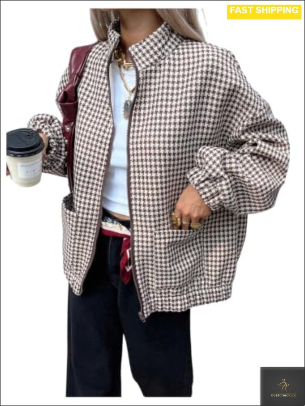 Houndstooth Fleece Jacket Zip Up Long Sleeve Collared Women's Outerwear